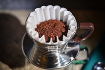 Coffee grounds in a filter for pour over coffee