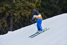 A Young Skier Zipping Downhill Alongside a Lush Forest 