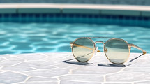 Sunglasses on the edge of the swimming pool in the summer. AI Generative