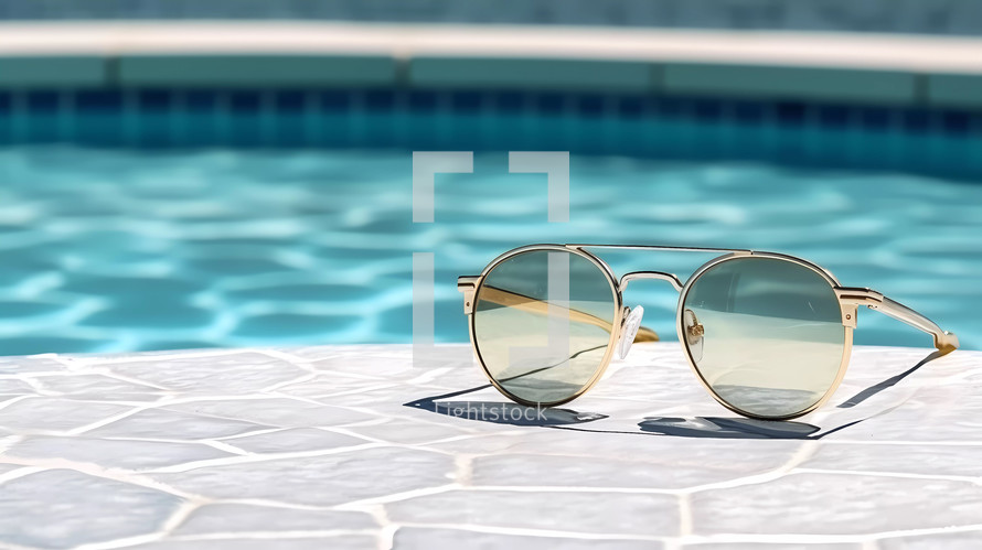 Sunglasses on the edge of the swimming pool in the summer. AI Generative