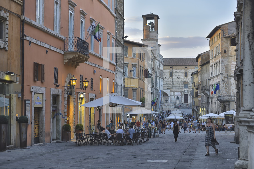 Pedestrian street along the ancient Corso Vannucci view. Downtown, blue sky