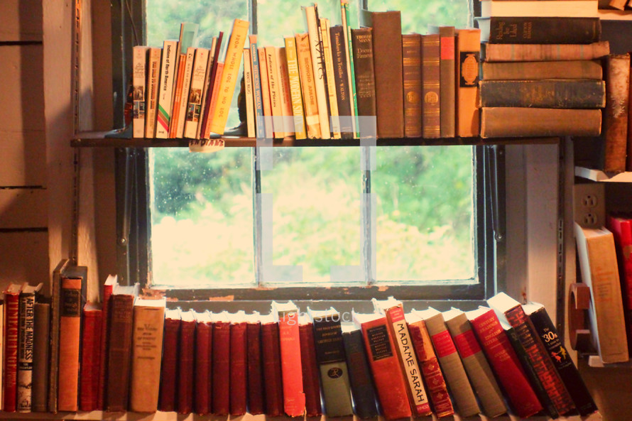 Library of antique books in front of a window.