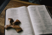 wood cross on the pages of a Bible 