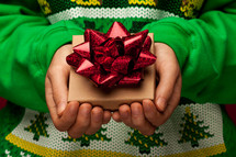 cupped hands holding a gift box 