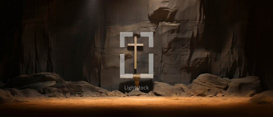 Wooden cross on a rock in the dark