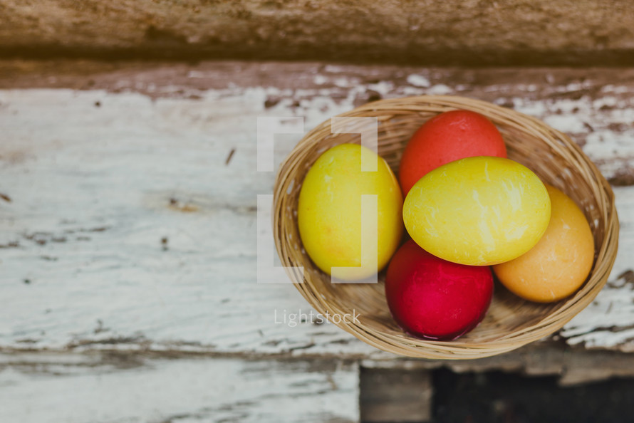 Easter basket of dyed Easter eggs 