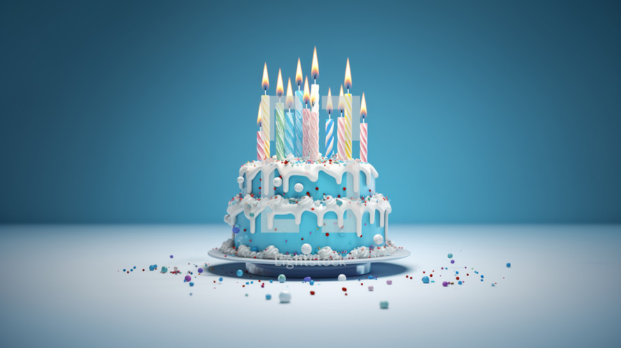 Candles on a blue birthday cake. 