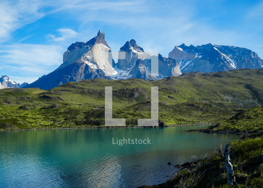 Torres Del Paine Mountain and Lake Landscape in Patagonia, Chile 