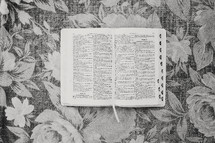 open Bible on floral fabric