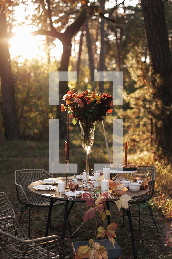 Cozy autumn picnic in the park. Close up of table setting with white plates, cutlery, glass vase with colourful wildflowers, homemade apple pie, maple leaves, burning candles on wooden table outdoors