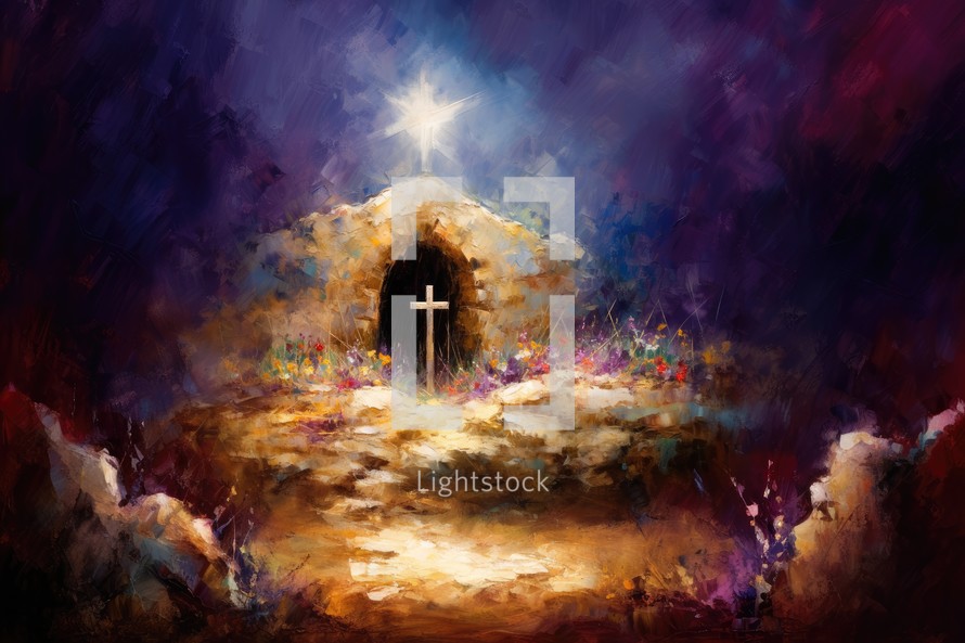 Digital painting of a christian cross in the night sky with clouds. Jesus's empty tomb