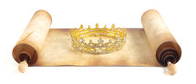 An Antique Scroll with a Royal Crown Isolated on a White Background
