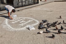 a man drawing with sand and pigeons 