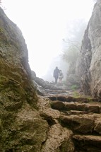Narrow stone pathway cloaked in mist