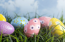 decorated Easter Eggs in Green grass 