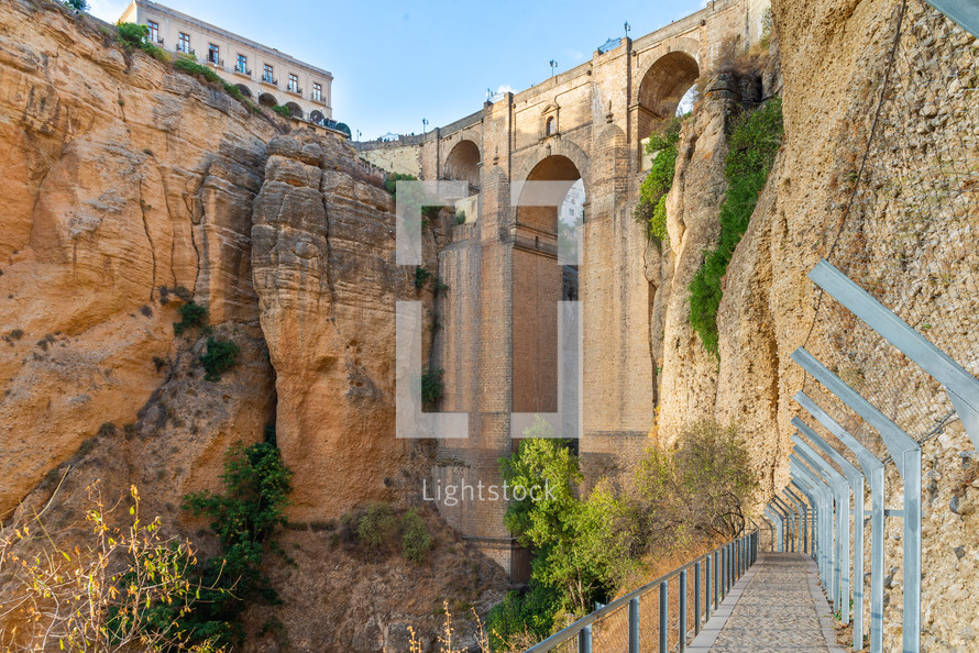 View from the walkway of the New Bridge of Ronda, Andalusia, Malaga, Spain