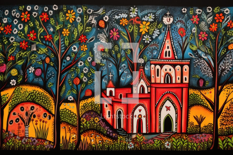 Colorful painting on the wall of the church in the village.