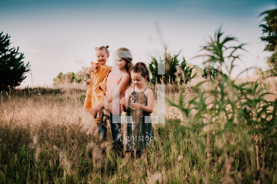 kids exploring a field in summer 