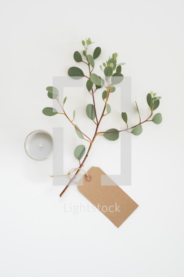 eucalyptus twig, votive candle, and gift tag 
