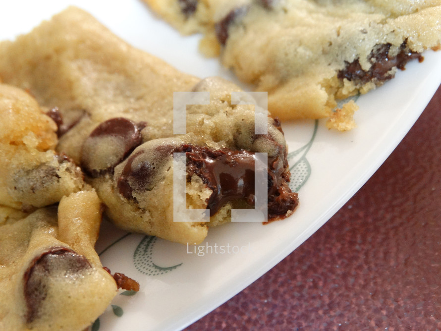 Close up of homemade chocolate chip cookies on white plate for bake sale or church potluck