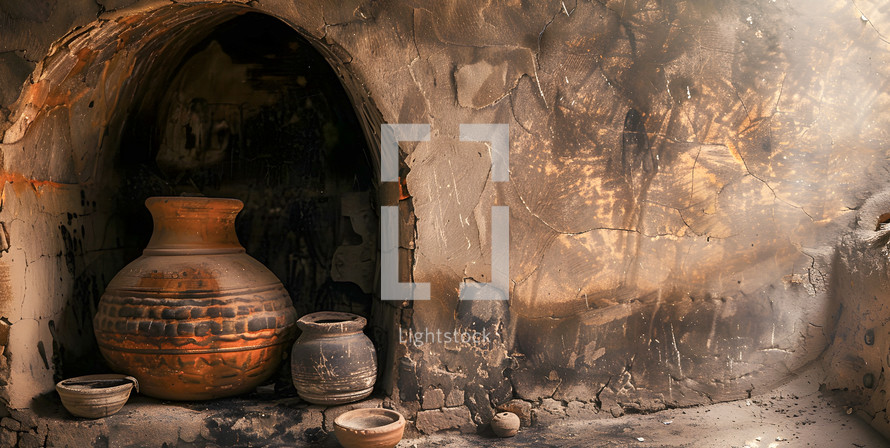 Clay Jars and Tools from Ancient Times That would be Used in a Households for Water Wine Oil Etc