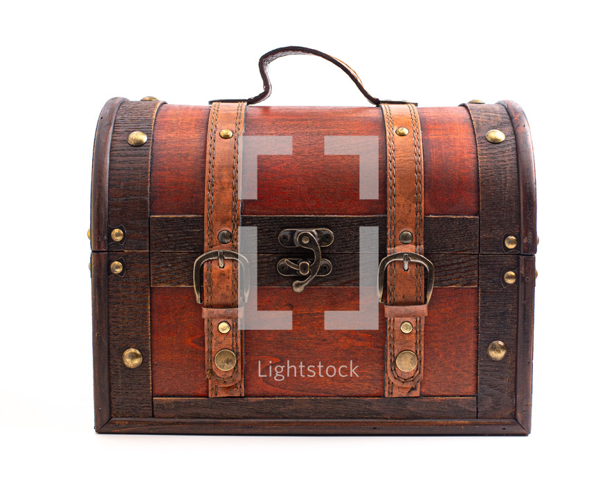 A Closed Wooden and Leather Treasure Chest Isolated on a White Background