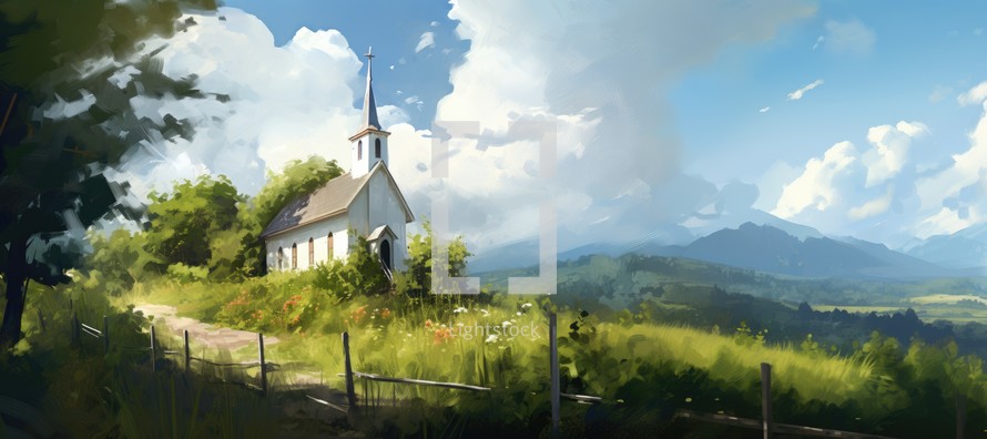 Digital painting of a church in a meadow and mountains in the background