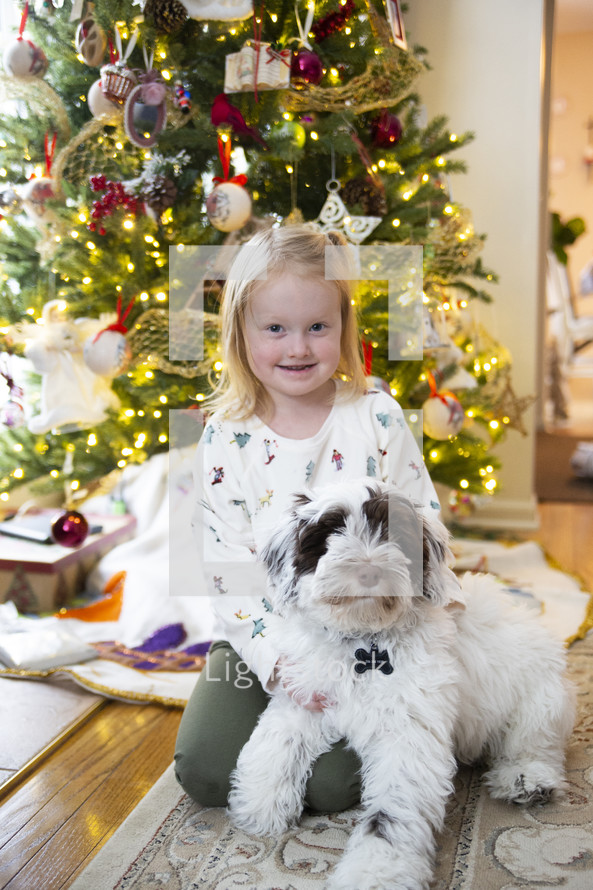 Little girl with dog in front of Christmas tree