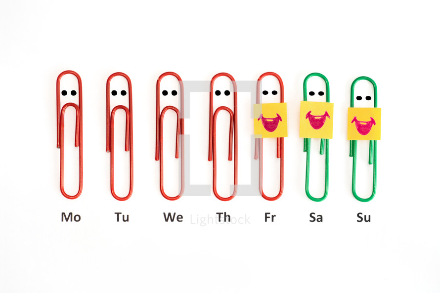 Sad paper clips for the days of the week with happy ones on the weekend