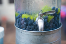 blueberries and limes in a pitcher of drink 