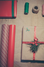 Christmas wrapping paper and ribbons