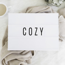 word Cozy on a sign and coffee mug, blanket, and house plant 