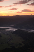mountains, valley, river, sunrise, outdoors 