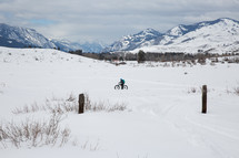 a man riding his bicycle in the snow 