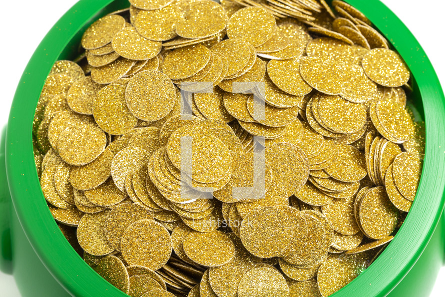 Pot Full of Golden Coins Isolated on a White Background