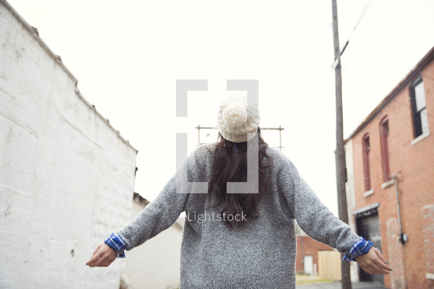 wool cap, winter, outdoors, back of the head, woman, brunette, back