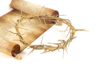 An Antique Scroll with a crown of thorns Isolated on a White Background
