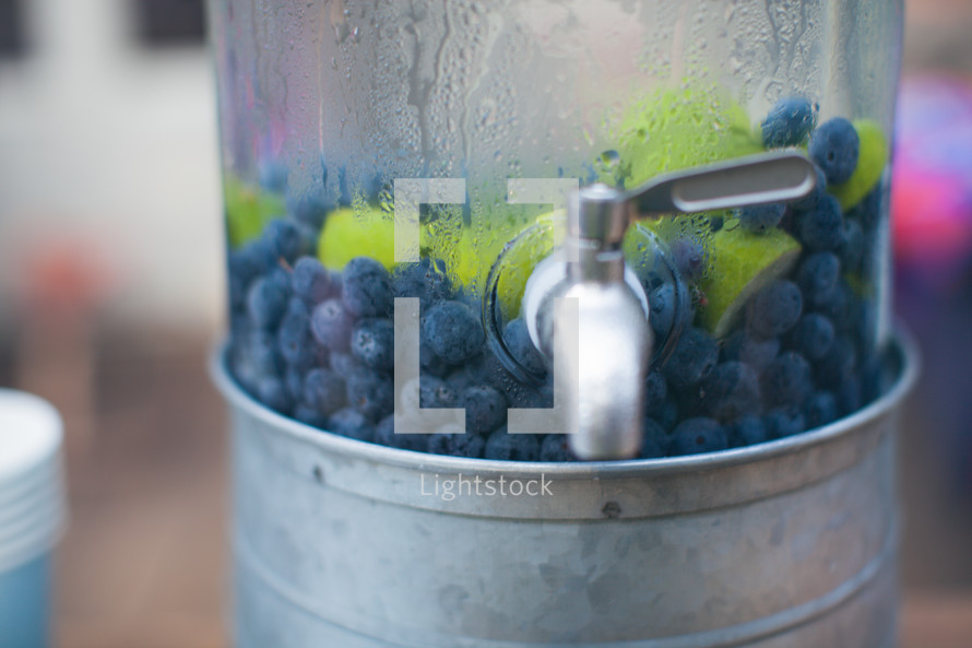 blueberries and limes in a pitcher of drink 