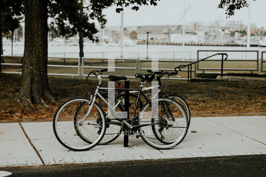 bikes on a bike rack at a park 