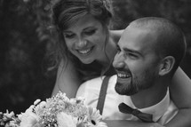 faces of a happy bride and groom 