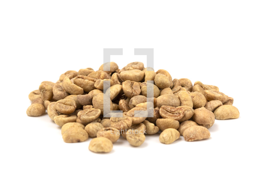 Raw Green Coffee Beans on a White Background