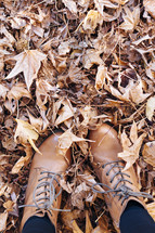 boots standing in brown fall leaves 