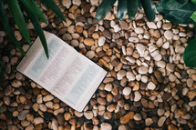 an open Bible lying on pebbles 