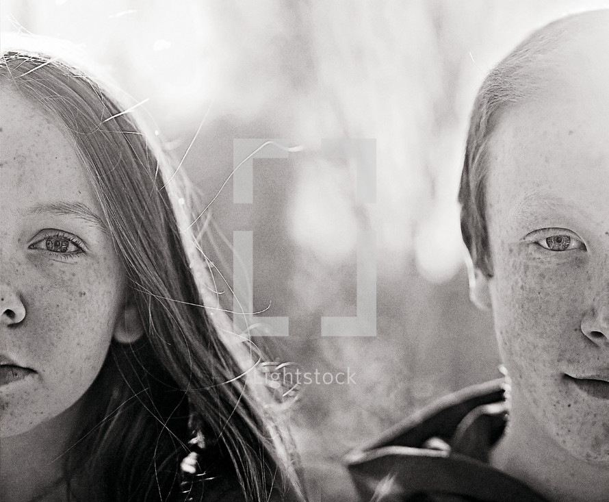 twins, siblings, brother, sister, fraternal twins, freckles, teen, child, outdoors, faces