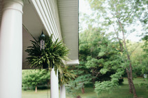 fern and wind chimes hanging on a porch 