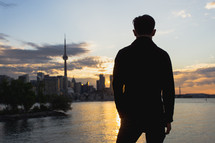 silhouette of a man looking at a city shore 