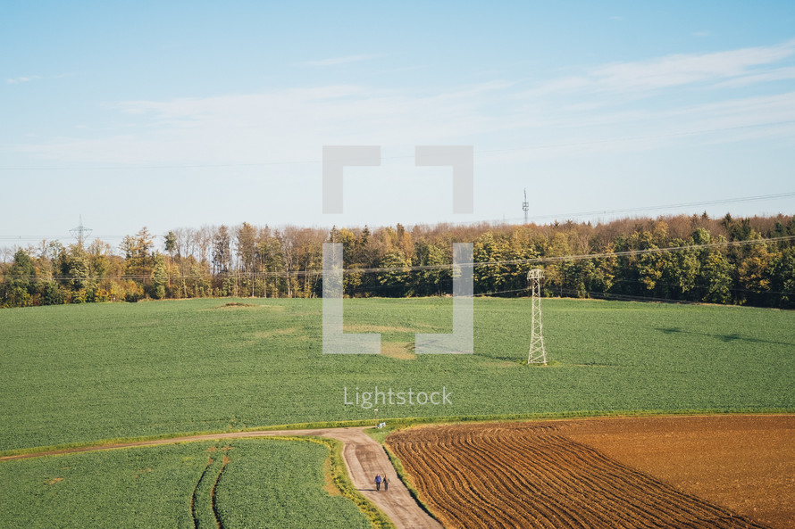 Rural farm fields with electrical wires