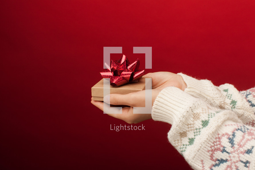 cupped hands holding a Christmas gift box 