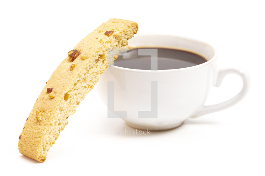 coffee and Almond and Walnut Biscotti Isolated on a White Background