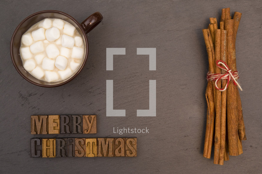 merry Christmas and hot cocoa and cinnamon sticks 